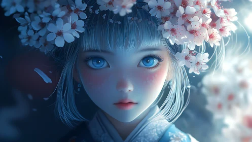 Digital painting portrait with sakura crown and cool luminance.