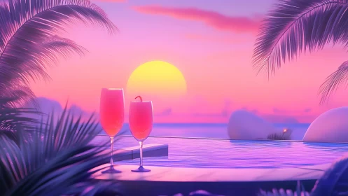 Sunset poolside sips in dreamy tropical neon glow.