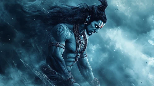 Powerful blue warrior emerges in swirling celestial mist