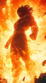Flaming warrior ascends amid blazing inferno of power