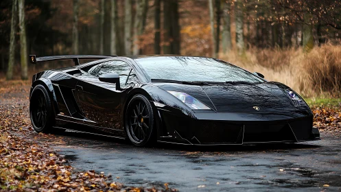 Midnight black supercar rests on a quiet autumn forest road