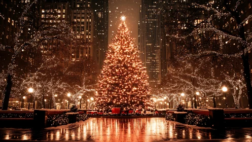 Glowing city Christmas tree brings cozy light to winter night