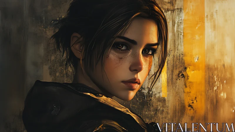 Freckled rebel girl in molten gold light, quietly unyielding.