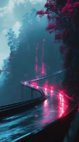 Neon rainroad curls beneath misty cliffs and pixel waterfalls