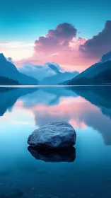 Calm mountain lake at dawn with rock and cloud reflections.