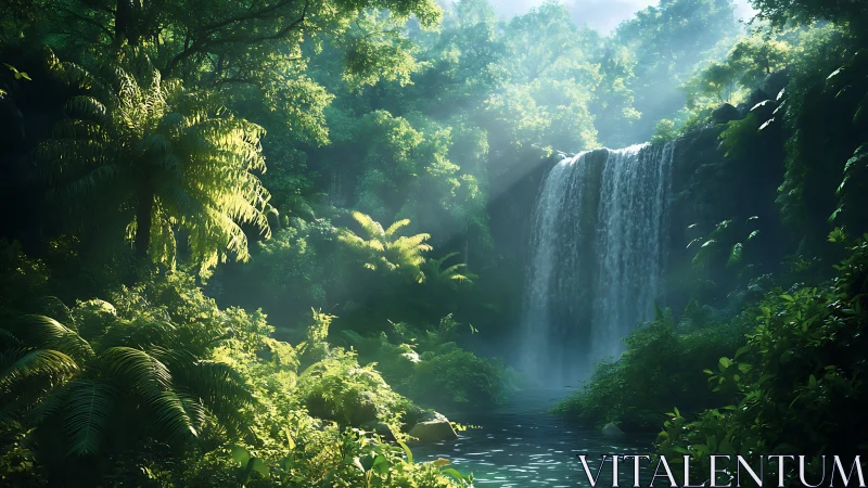 Tropical Rainforest Waterfall Cascade with Verdant Canopy Light Diffusion