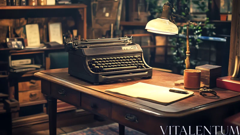 Vintage typewriter on wooden desk in warm study room.