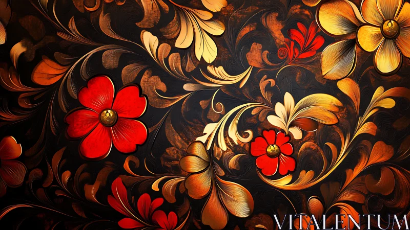 Ornate red and gold floral scrollwork on dark canvas.