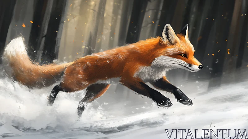 Swift red fox sprints through snowy forest clearing