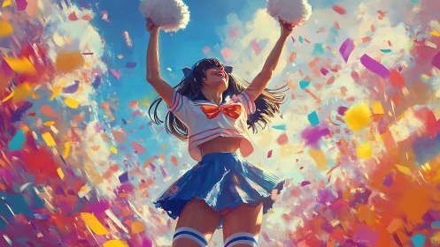 Cheerleader with pom poms amid multicolored confetti sky.