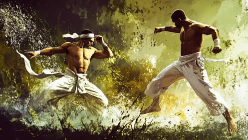 Dynamic martial arts duel rendered with high-energy brush strokes