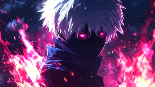 Masked white haired warrior commands neon flames in darkness