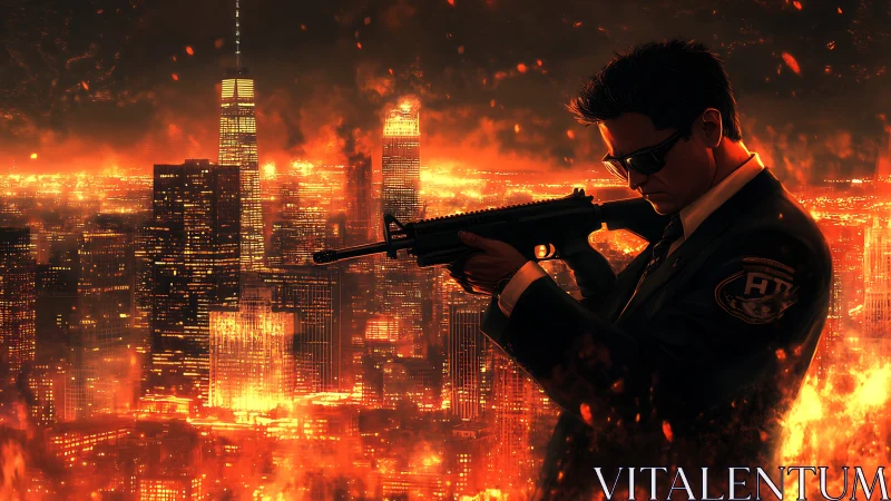 Calm agent stands guard above a city glowing with fire.
