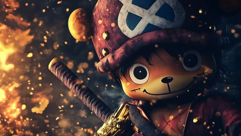 Toy pirate warrior grins through ember‑lit battlefield haze.