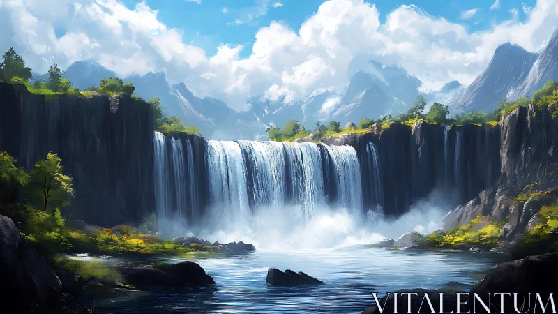 Waterfall plateau with distant mountains under clear sky.