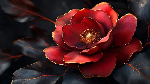 Velvet ember blossom unfolding over midnight leaves.