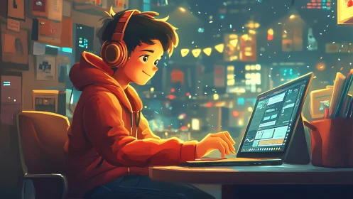 Focused teen at dual-mode laptop in stylized neon workspace