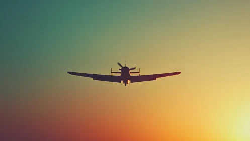 Propeller aircraft silhouette in gradient sunset airspace.