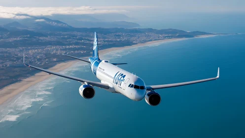 Commercial jet aircraft in level coastal flight path.