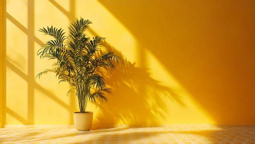 Potted palm casts defined window shadows on yellow wall