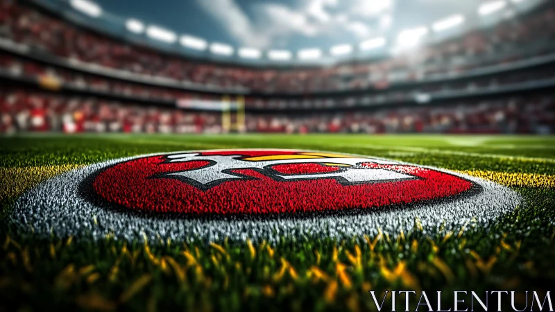 Vibrant football field logo under stadium floodlights.