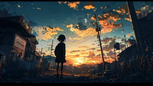 Schoolgirl silhouette faces blazing urban sunset sky.