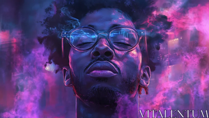 Neon dreamer drifts through electric haze of city light.