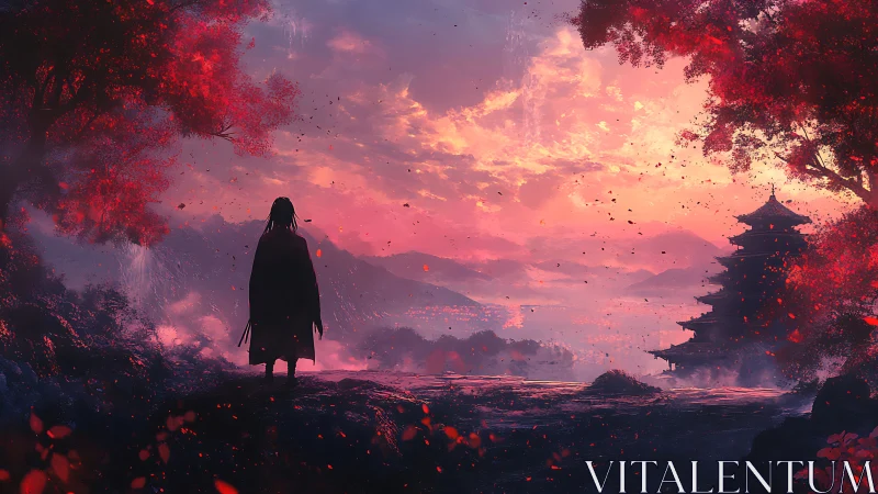 Solitary figure before distant pagoda at red dusk landscape.