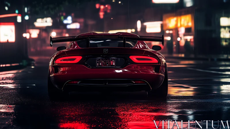 Rear aero-tuned supercar in neon-lit cinematic rainscape.