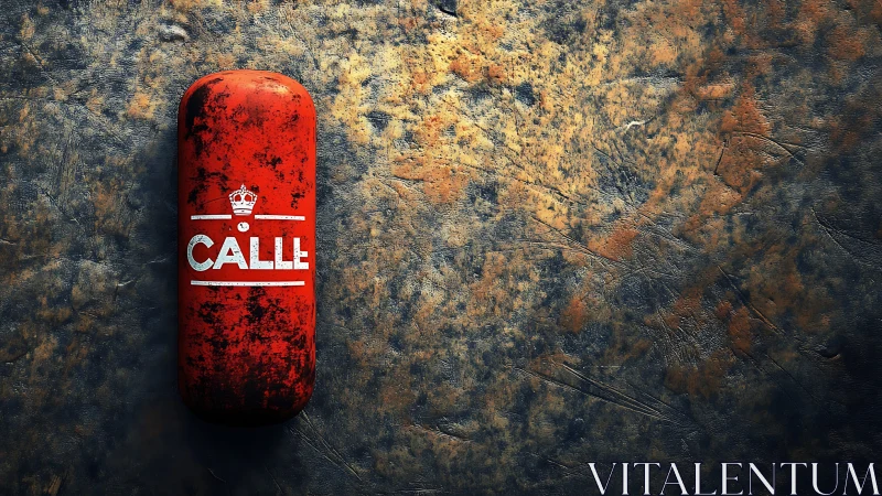 Red cylindrical object labeled CALLE on textured ground.