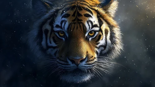 Symmetrical tiger portrait isolates luminous gaze in twilight field