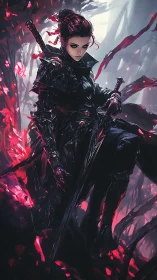 Armored female warrior stands with sword in red-lit forest