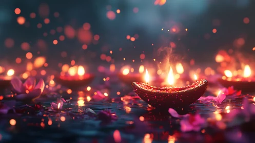 Glimmering floating candles bring gentle warmth to night waters.