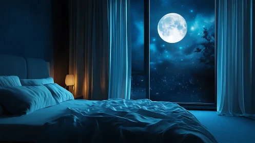 Moonlit bedroom interior with blue night sky view.