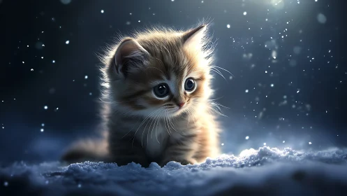 Kitten in Snow with Ethereal Light and Particles.