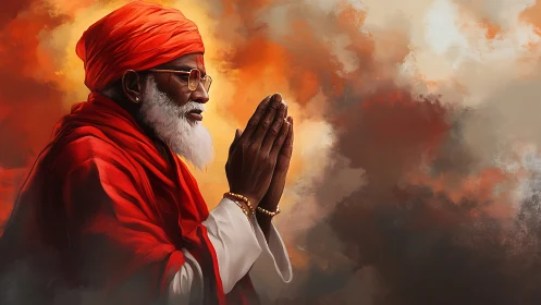 Elderly spiritual figure in red robes praying, warm clouded sky