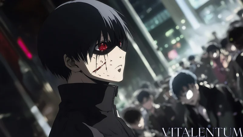 Red eyed anime figure in dark city crowd at night.