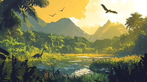 Sunlit prehistoric river valley with dinosaurs and jungle canopy.