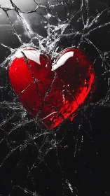 Red Heart Shattered by Impact. Broken love concept.