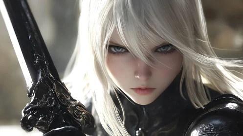 Highly detailed silver-haired swordswoman in reflective black armor