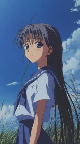 Anime schoolgirl stands in grass field under clear sky