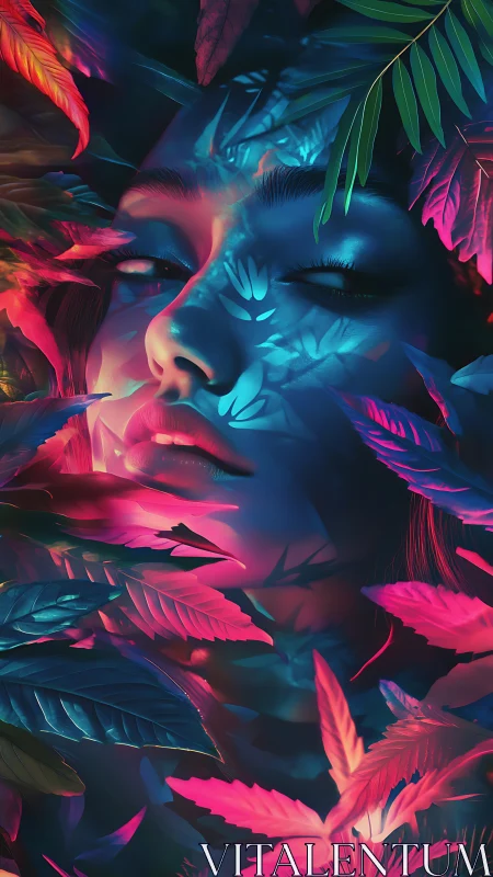 Neon-shrouded portrait within bioluminescent jungle glow.