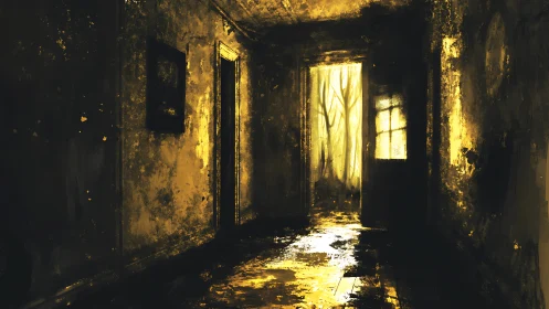 Abandoned corridor glows with eerie golden forest light.