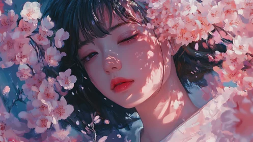 Girl beneath cherry blossoms bathed in dappled spring light.