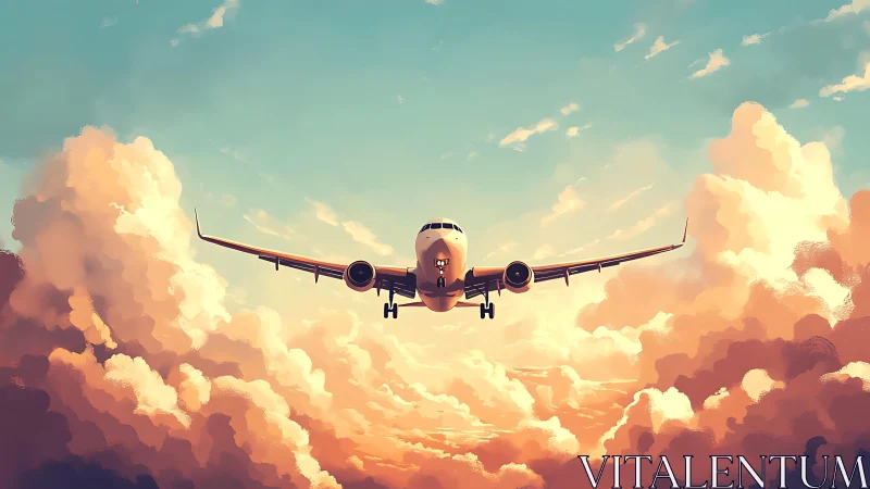 Passenger jet cuts through glowing sunset clouds overhead.