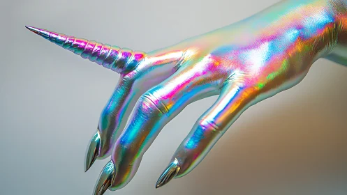 Iridescent metallic hand with horned finger extension.