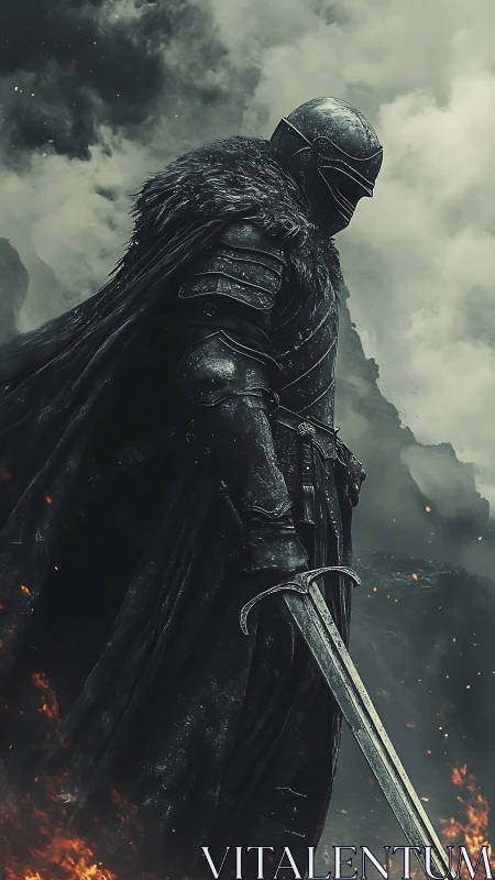 Dark-armored knight stands amid burning storm horizon.
