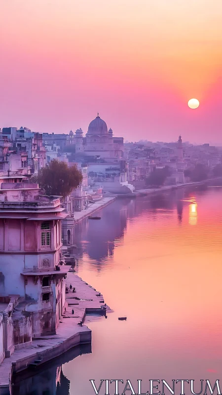 Sunset bathes riverside Indian cityscape in soft pastels.
