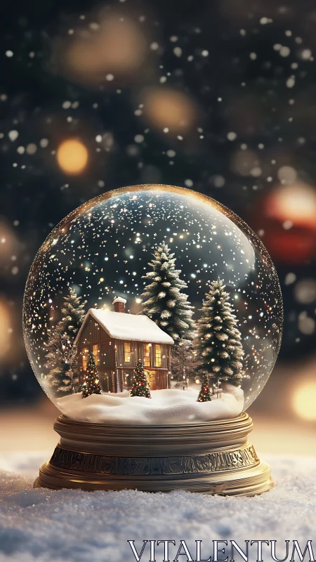 Cozy winter cabin glowing inside a magical snow globe.