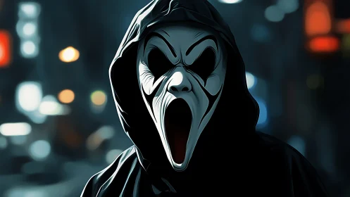 Hooded figure with stylized screaming mask at night.